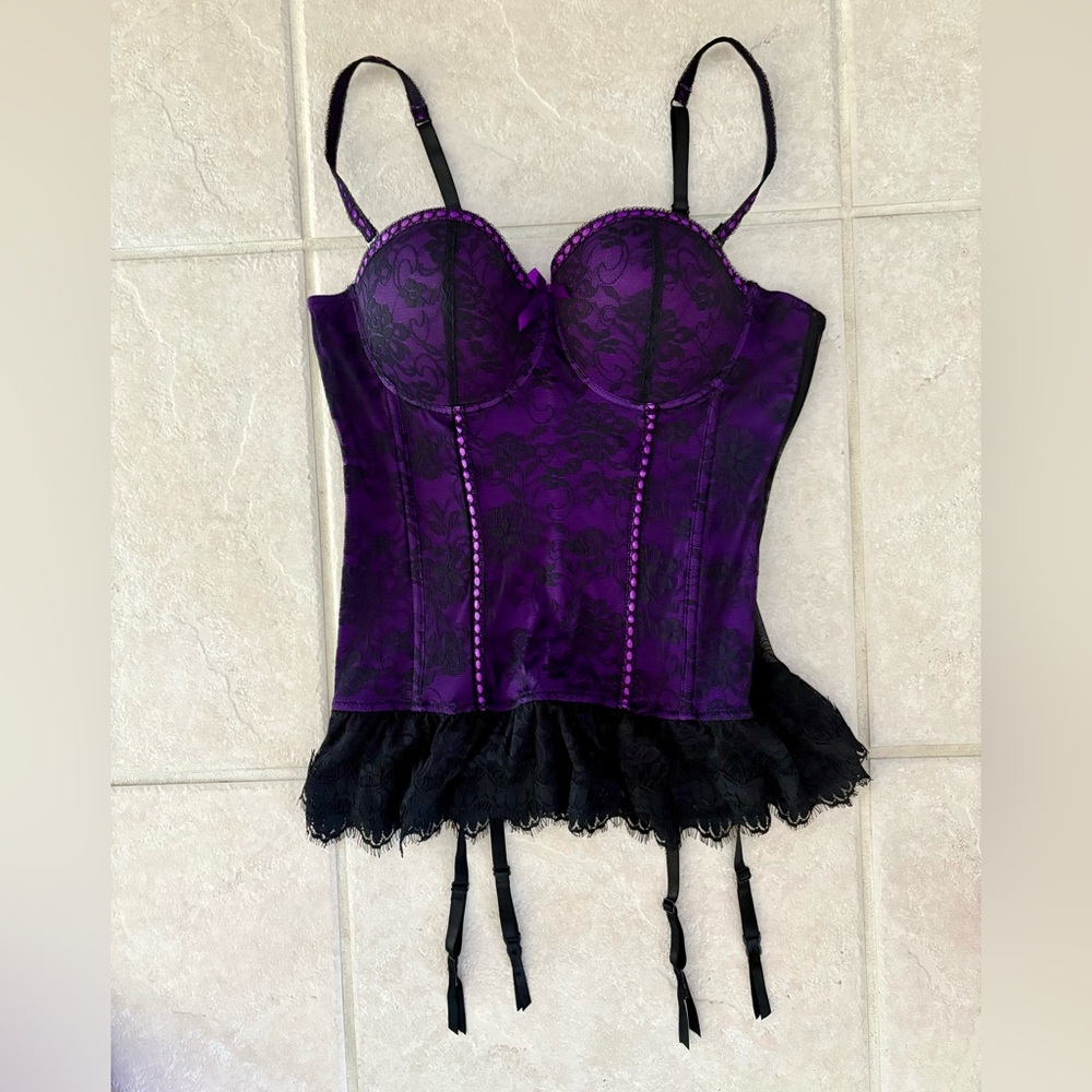 Purple/Black Lace Bustier Chemise with Garter Straps - Size 1X/2X